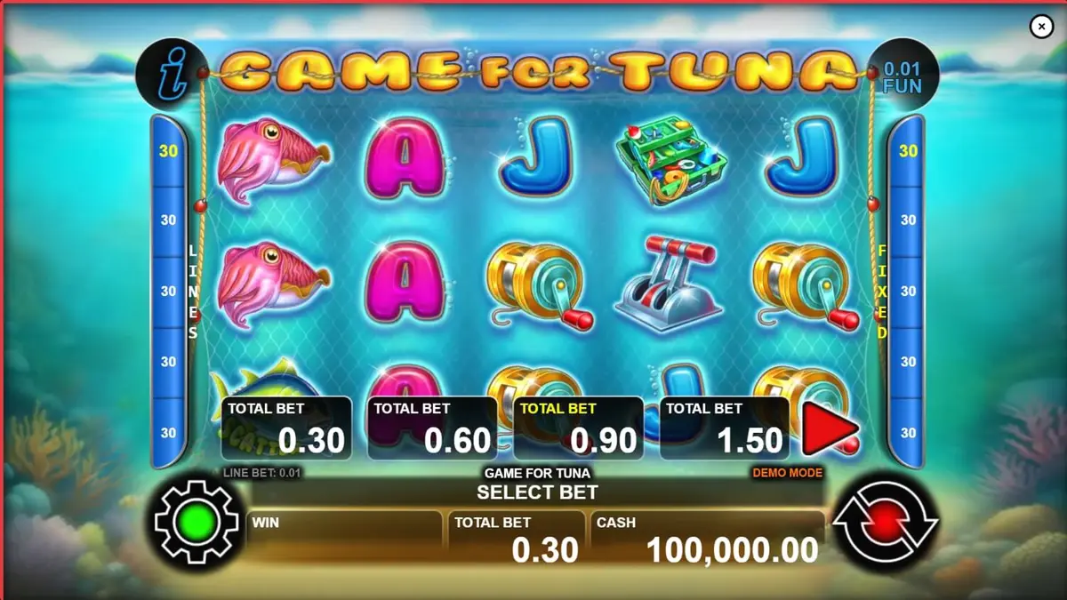 Interface do jogo de slot Game For Tuna com tema de pesca subaquática